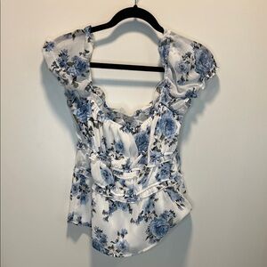 Mi Ami Floral Ruffle Blouse in Blue and White